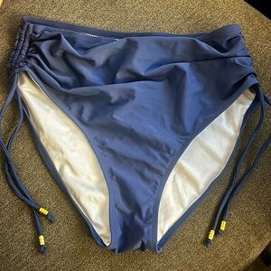 New! Blue High Waisted Bikini Bottom with Ruched Sides and Side Drawstrings